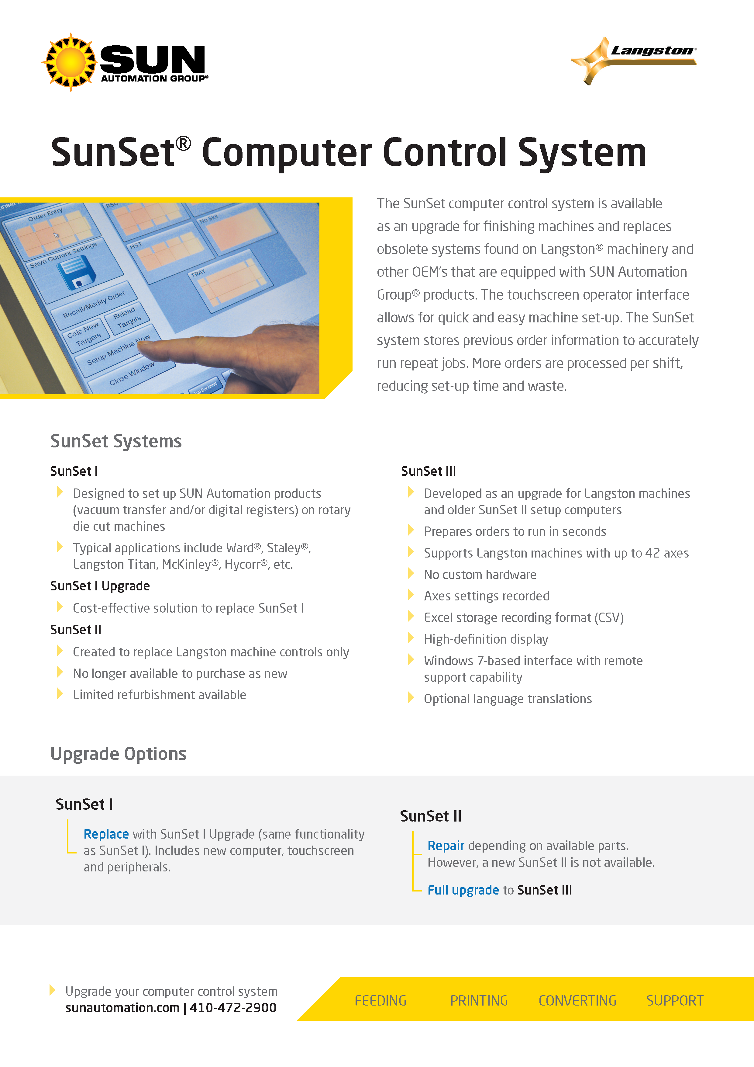 Conozca más del Sistema computarizado SunSet para puesta a punto de Sun Automation Group en el folleto.